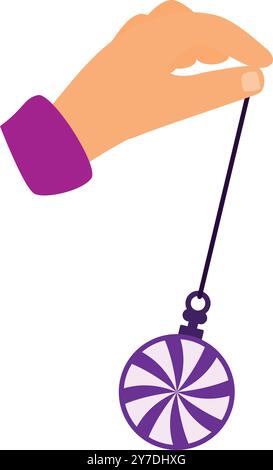 Hand is holding a swinging purple and white hypnosis pendulum Stock Vector
