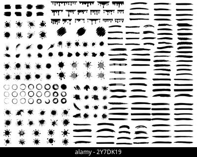 Large big set of hand drawn grunge elements isolated on white background. Black ink borders, brush strokes, stains, banners, blots, splatters. Vector Stock Vector