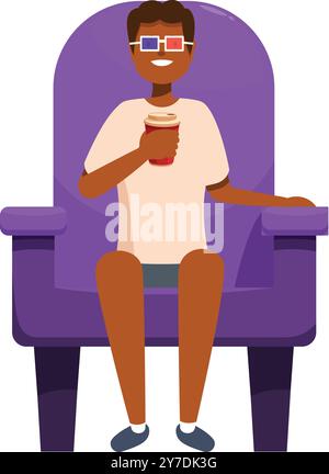 Young man is sitting in a movie theater seat, wearing 3d glasses and holding a soda, ready to enjoy the film Stock Vector