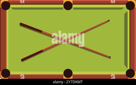 Two cues are lying crossed on the green baize of a pool table, ready for a game Stock Vector