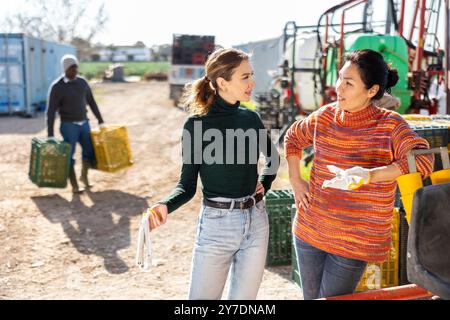 Positive women farmers discussing current issues in farm backyard Stock Photo