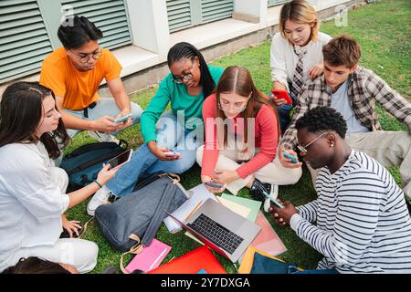 Diverse group of students sitting on the university campus lawn, using cellphones and reviewing notes together for a collaborative study session in an outdoor, relaxed setting. Highschool classmates. High quality photo Stock Photo
