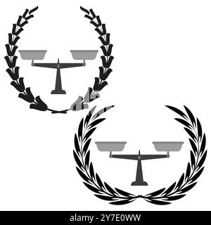 Justice scale icon. Laurel wreath frame. Law and fairness concept. Monochrome vector symbol. Stock Vector