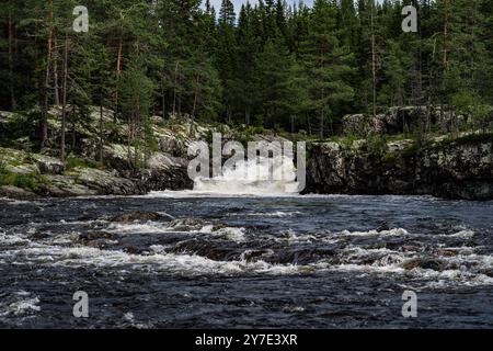 Sognstupet Waterfall cascades into the Storån River, surrounded by lush pine forests, the natural beauty of Idre in Dalarna, Sweden, on a calm day. Stock Photo