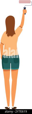 Woman is painting a wall with a paint roller, working on home improvement Stock Vector