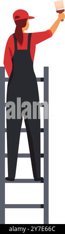 Female painter stands on a ladder, paintbrush in hand, applying a fresh coat of paint to a tall wall Stock Vector