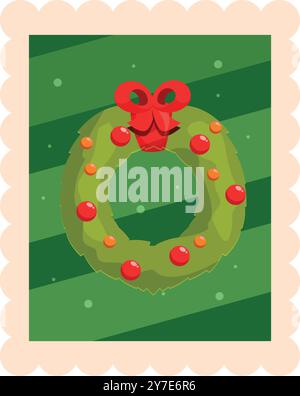 Illustration of a christmas wreath with red bow and baubles, on a green christmas postage stamp design Stock Vector