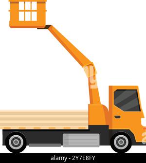 Orange elevated cherry picker truck is lifting its arm upwards with a platform for workers Stock Vector