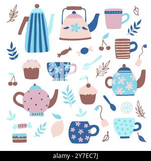 Set of cute vintage tea cups, teapots and kettles. Hand drawn vector illustration in modern simple doodle style in delicate pastel colors. Stock Vector
