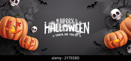Happy halloween background vector banner design.  Halloween trick or treat greeting text in scary night black background with cute spooky element Stock Vector