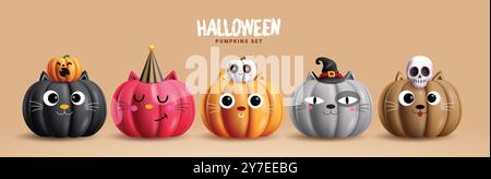 Halloween pumpkins cat vector set design. Pumpkins cat colorful cute characters collection in isolated background for halloween trick or treat Stock Vector