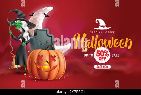 Halloween sale text vector banner design. Halloween witch scary character, jack o lantern and crescent moon elements for special offer 50% off Stock Vector