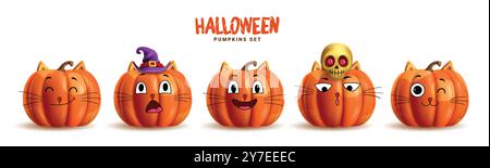 Halloween pumpkins orange vector set design. Pumpkins orange cat characters collection with cute, funny and naughty facial expression isolated white Stock Vector