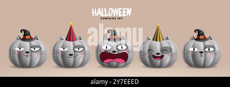 Halloween pumpkins gray vector set design. Pumpkins gray cat characters collection with cute, funny and naughty facial expression isolated white Stock Vector