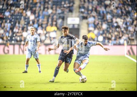 Chester, Pennsylvania, USA. 28th Sep, 2024. Philadelphia Union's QUINN SULLIVAN (33) in action against Atlanta United FC's PEDRO AMADOR (18) during the match at Subaru Park in Chester PA (Credit Image: © Ricky Fitchett/ZUMA Press Wire) EDITORIAL USAGE ONLY! Not for Commercial USAGE! Stock Photo