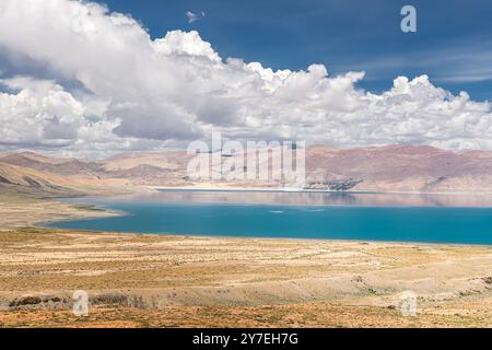 Panorama of Manasarovar lake in Western Tibet, China, copy space for text Stock Photo