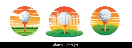 Golf ball on a tee, set against a vibrant sunset on the field. Perfect for golf enthusiasts and sport-related designs, showcasing outdoor competition Stock Vector