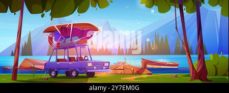 Car with baggage on roof outdoor near lake with wooden pier and boat on water, high rocky mountains, green trees and stones, blue sunny sky. Cartoon vector summer camping landscape with vehicle. Stock Vector
