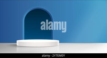 White cylinder product podium on floor of studio room with arch window in blue wall. Realistic 3d vector illustration of goods display mockup with arc hole. Template of empty minimalistic platform. Stock Vector