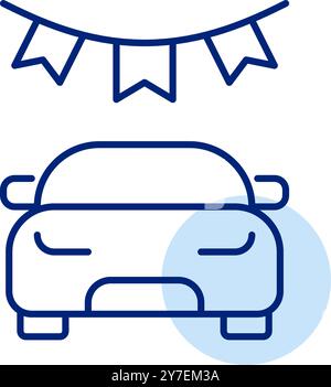 Car under garland of flags. Buying new vehicle celebration. Pixel perfect, editable stroke vector icon Stock Vector