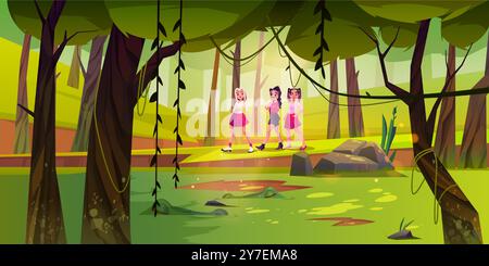 Teen girls walking in forest near swamp with sleeping crocodiles. Cartoon vector illustration of woodland landscape with green trees and grass, moss and lichen, water in pond and teenager friends. Stock Vector