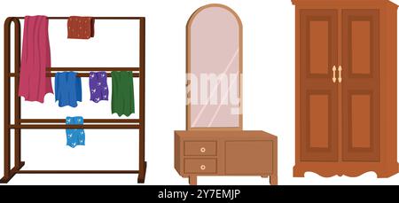 Dressing table, Wardrobe and a clothes rail or rack flat design isolated on white background. Lroom interior wooden furniture collection Stock Vector