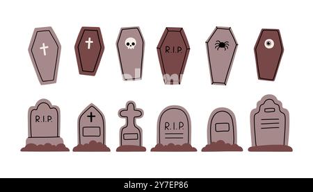 Grave and coffin simple set. Tombstone flat style vector, grave symbol isolated on white background. Stock Vector