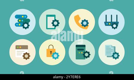 Minimalist gear and setting flat color icon set with various digital and analogue devices Stock Vector