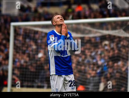 Birmingham City Striker, Jay Stansfield, after missing an equaliser against Peterborough United on Saturday 28th September at St Andrews, Birmingham. Stock Photo