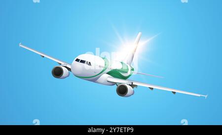 Vector 3d airplane in blue background. Airplane concept. Plane Air transportation.Advertising banner. Airplane flying in sky. Airplane concept. Plane Stock Vector