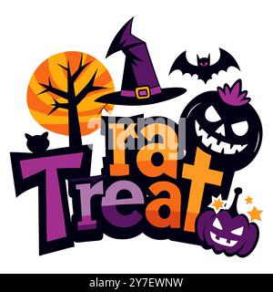 Colorful Halloween Trick or Treat Illustration with Pumpkins and Witch Hat.a witch hat, pumpkins, spooky bat, and Halloween-themed text. Stock Vector