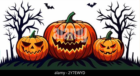 Spooky Halloween Pumpkin Patch With Scary Jack-o'-Lanterns. trees with bats flying in the background, creating a haunting atmosphere. Stock Vector