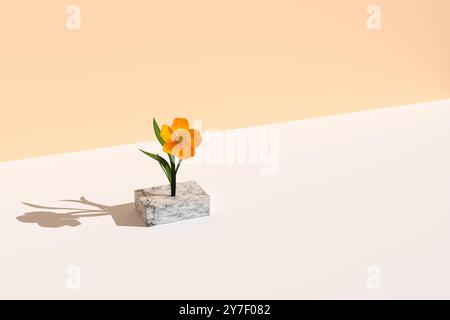 Concept of hope and passion. Single orange flower is blooming from a marble cube on a minimalist background. 3d render. Stock Photo