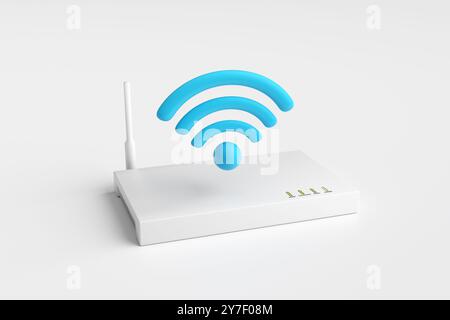 Internet connectivity concept. White WIFI router modem providing strong internet connection with blue symbol hovering over. 3d render. Stock Photo