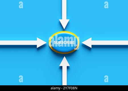 Online subscription concept. Directional arrows pointing at a subscribe button on a blue background. 3d render. Stock Photo