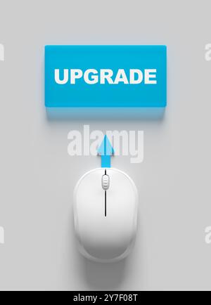 Upgrade digital technology improvement concept. Computer mouse pointing an upgrade button with an arrow. 3d render. Stock Photo