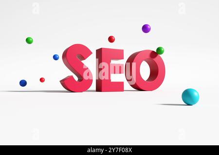 Search engine optimization. 3d rendering of the acronym SEO with colorful spheres floating around the letters on a white background. Stock Photo