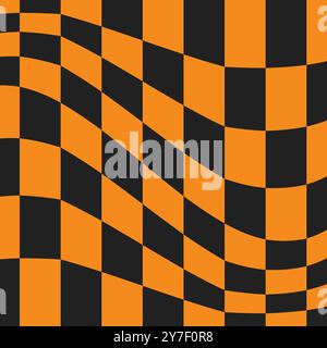 Halloween checkered pattern. Psychedelic black and orange wallpaper. Groovy background. Retro vector illustration in Y2k style Stock Vector