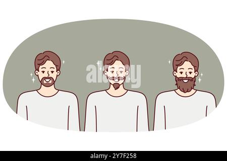 Men with different style mustaches and beards for advertising hipster barbershop or beauty salon. Hipster boys smiling showing off youthful haircut and trendy beard made in barbershop Stock Vector