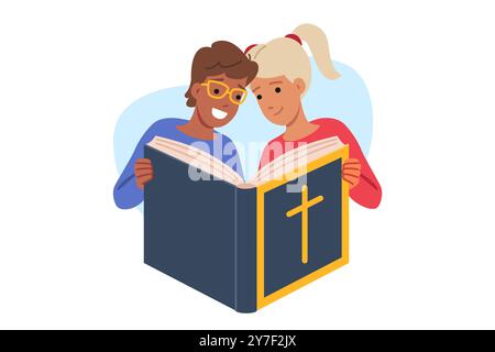 Childrens bible in hands of little boy and girl studying christian literature about catholic faith Stock Vector