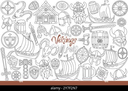 Viking logo near armor and ships or weapons belonging to ancient scandinavian robbers. Helmets to protect viking heads in battle and sea vessels of medieval nordic sailors. Hand drawn. Stock Vector