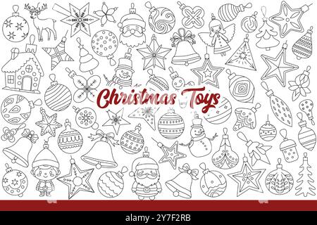 Christmas toys for decorating fir tree or fireplace and creating festive interior. Christmas toys in shape of snowman or animals and classic new year balls with simple ornament. Hand drawn. Stock Vector
