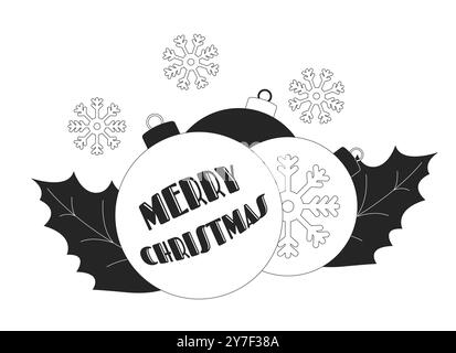 Merry Christmas baubles holly snowflakes black and white 2D illustration concept Stock Vector