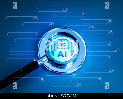 AI search engine optimization tools, robot job business service technology concept. AI bot icon on chrome button, focused by magnifying glass lens sur Stock Photo