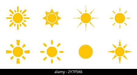 Pixel Art Sun Icon Set. Pixelated Sun Icons in Nostalgic 8 Bit Style. Weather Retro UI Design Element. Isolated Vector Illustration Stock Vector