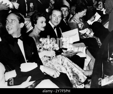 Princess and Escorts at Premiere The three young blue-bloods who most frequently escort Princess Margaret, were with the Princess at the premiere of the film 'Daddy Long Legs', at the Carlton Theatre.  They are (left to right): Billy Wallace, Lord Porchester and Colin Tennant.  The film stars Fred Astaire and Leslie Caron.  7th June 1955 Stock Photo