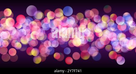 Multicolored neon glitter bokeh seamless pattern with circles on dark background. Bright festive bg with overlay effect. Vector illustration Stock Vector