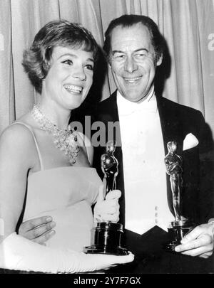 Julie Andrews and Rex Harrison win best actor and best actress awards at thr 1965 Academy Awards. Julie Andrews starred in 'Mary Poppins' and Rex Harrison starred in 'My Fair Lady' based on the stage play Pygmalion by George Bernard Shaw. Julie Andrews starred with Rex Harrison in the Broadway musical version of 'My Fair Lady' in 1956 but lost out to the film role. 8th April 1965 Stock Photo