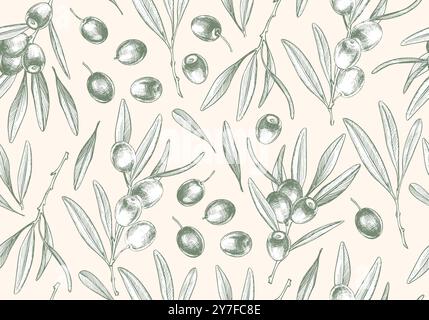 Seamless pattern with olive branches and berries, background with botanical hand drawn ornament. Vector illustration, vintage engraving Stock Vector
