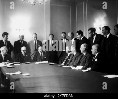 England team manager Alf Ramsey is pictured at a Manchester Hotel when he held a meeting with northern football managers to talk over the subject of the England team and the 1966 World Cup. The managers are:left to right, back row:Trevor Porteous, player manager of Stockport, Les MacDowall (Oldham), Ron Suart (Blackpool), Harry Potts (Burnley), Jimmy Milne (Preston), Matt Busby (Manchester Utd), Harry Catterick (Everton), Don Revie (Leeds), George Poyser (Manchester City) and J.Harris (Sheffield Utd).  On the front row with Alf Ramsey are : Alan Brown (Sheffield Wednesday), Jack Marshall (Blac Stock Photo